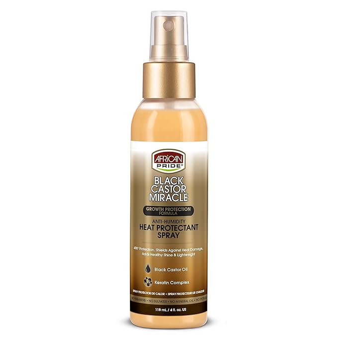 African Pride Black Castor Miracle Anti-Humidity Heat Protectant Spray - 400°F Heat Protection, Shields Against Heat Damage, Contains Black Castor Oil and Keratin Complex, 4 oz