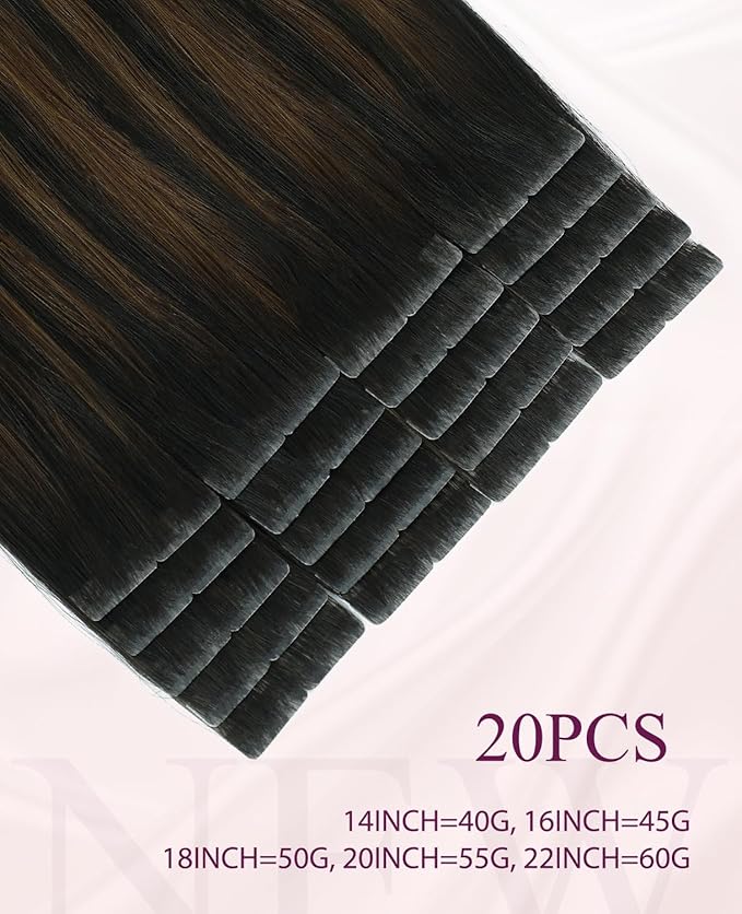 Pinkpearl Invisible Tape in Hair Extensions Human Hair, 20pcs 16inch 45g #1B/4/27 Balayage Natural Black to Chocolate Brown and Caramel Blonde Injection Tape in Extensions Remy Human Hair Injected