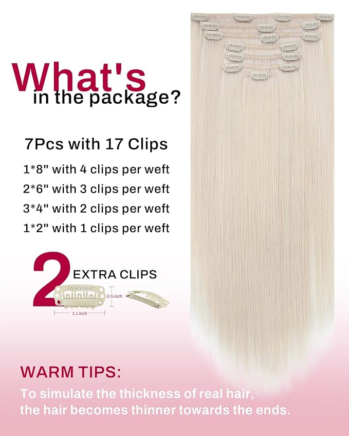 Moresoo Platinum Blonde Clip in Hair Extensions Blonde Hair Extensions Clip ins Straight Double Weft for Women 120g/7pcs 22 inch