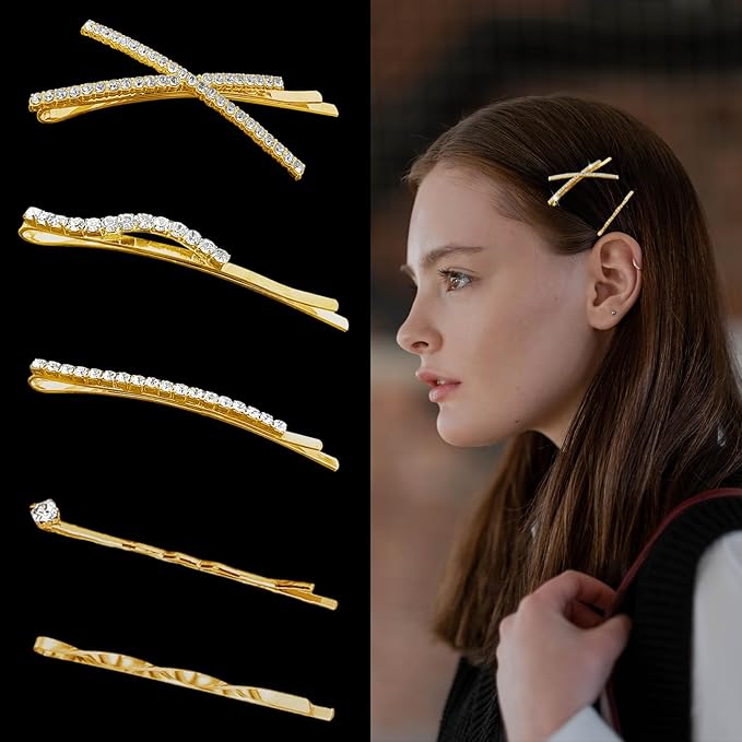 16 Pieces Gold Rhinestone Bobby Pins Set Delicate Decorative Fancy Crystal Hair Clips Shiny Fancy Metal Barrettes, I S X Shaped Diamond Hair Accessories for Women Ladies Girls Wedding Prom Party