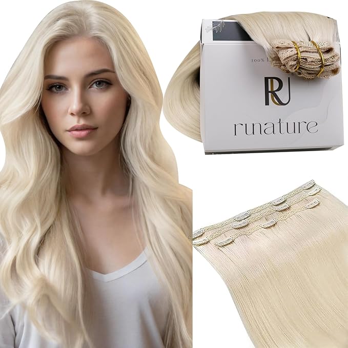 RUNATURE Blonde Human Hair Clip in Extensions, 18 Inch Clip in Hair Extensions Real Human Hair, Remy Straight Hair Clip Ins, Tangle Free Hair Natural Looking, 50g 3pcs #800 Platinum Blonde