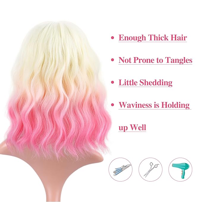 FAELBATY Short Pink Ombre Wig With Bangs - Bob Synthetic Wig for Women, Cosplay & Halloween - 12" (613/Pink)
