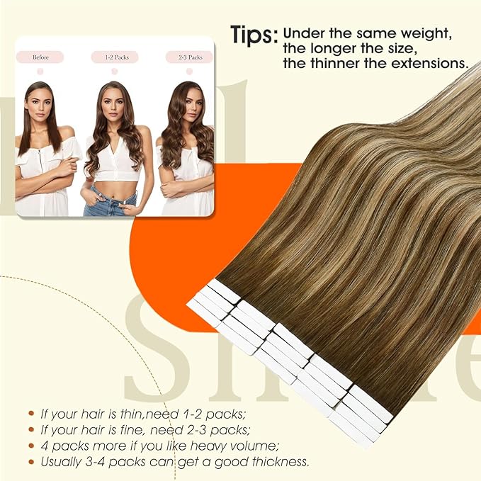 Full Shine Balayage Tape in Hair Extensions Color 4 Medium Brown Ombre 24 Blonde And 4 Injection Tape in Extensions Seamless Skin Weft Travel Friendly Styling for Hair loss Coverage 16Inch 40G 20Pcs