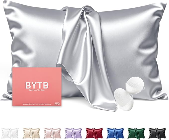 Silk Pillow Cases Standard Size 100% Mulberry Silk Pillowcase for Hair & Skin 22 Momme Both Sided Grade 6A Silk Cooling Soft Breathable 20 x 26 Inches with Hidden Zipper 1PC, Grey