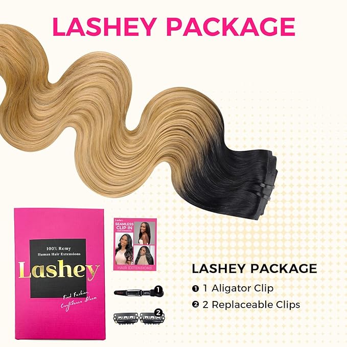 Lashey Seamless Hair Extensions Real Human Hair 110g 7pcs Body Wave 18 Inch Clip in Hair Extensions Human Hair Ombre Natural Black to Honey Blonde Hair Extension with PU Weft Invisi Edge