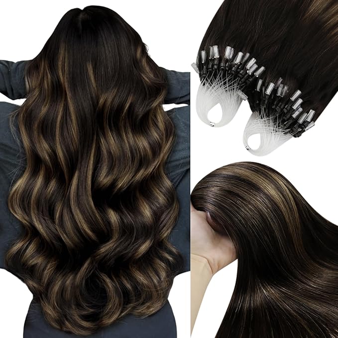 YoungSee Micro Bead Hair Extensions Real Human Hair Brown Beaded Hair Extensions Brown Balayage Dark Browns Micro Link Human Hair Extension Ombre 20In Cold Fusion Hair Extension for Daily 50s 50g