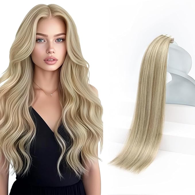 Sunny Hair Tape in Hair Extensions Real Human Hair Invisible Remy Hair Extensions Tape ins for Women Golden Blonde Highlight Medium Blonde 22 inch 20Pcs 50G