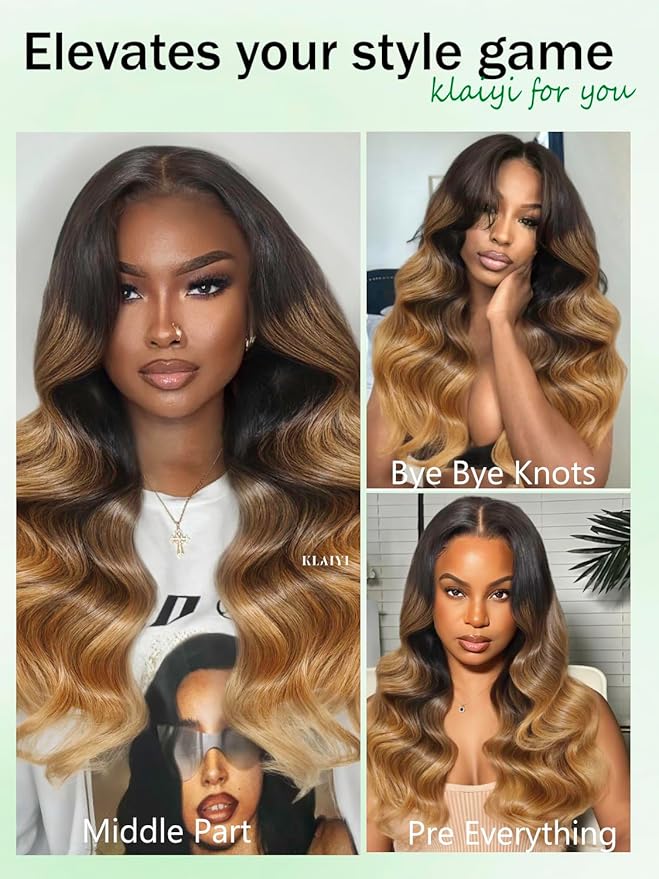 KLAIYI Ombre Highlight Blonde Loose Wave Pre Everything Glueless 13x4 Lace Front Wigs Human Hair Drawstring Balayage Brown Pre Cut Pre Plucked Bleached Ready to Wear and Go Wig with Dark Roots 26Inch