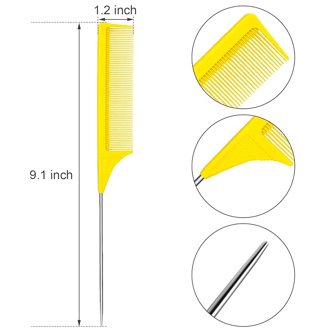 Leinuosen 3 Packs Rat Tail Comb Steel Pin Rat Tail Carbon Fiber Heat Resistant Teasing Combs with Stainless Steel Pintail ()