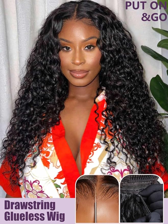 YIROO Bye Bye Knots Glueless Water Wave and Jerry Curly Drawstring Wig Human Hair, 7x5 Pre Cut Lace Front Glueless Wigs Pre Bleached Pre Plucked Wear and Go Wig for Women 150% Density 18Inch