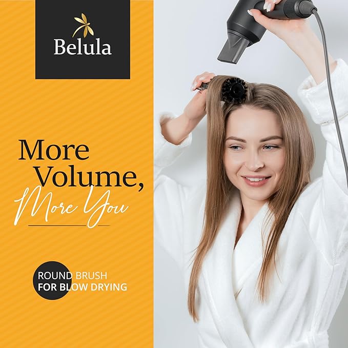 Boar Bristle Round Brush for Blow Out Set by Belula. Round Hair Brush For Blow Drying. Medium 2.4” Wooden Barrel. Hairbrush Ideal to Add Volume and Body. Free 3 x Hair Clips & Travel Bag