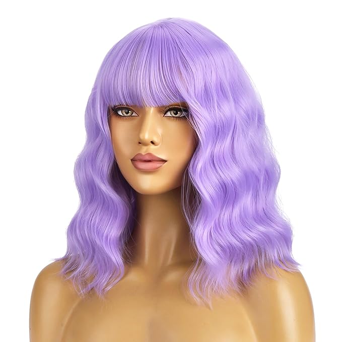 BERON 14 Inches Purple Wig Short Curly Wig Women Synthetic Wigs Lavender Purple Wigs with Bangs Hairnet Included