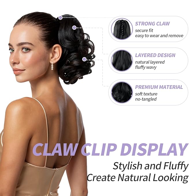 Blonde Ponytail Extensions,9" Short Curly Wavy Claw Clip in Ponytails Hair Extensions Natural Soft Synthetic Hairpiece for Women