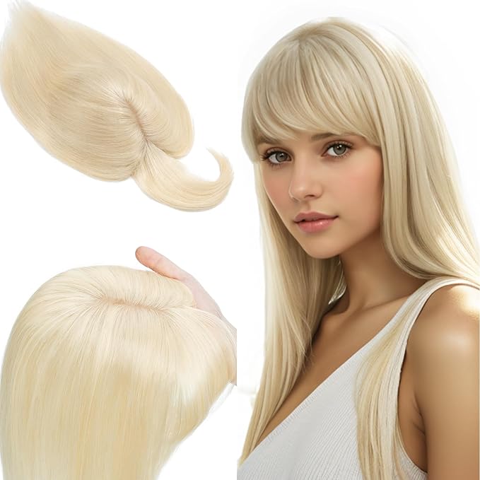 SEGO 100% Real Human Hair Toppers, with Air Bangs, Silk Base 150% Density, Clip in Topper, 2.7肺5.1・ HairPieces for Women, with Thinning/Hair Loss Cover Gray