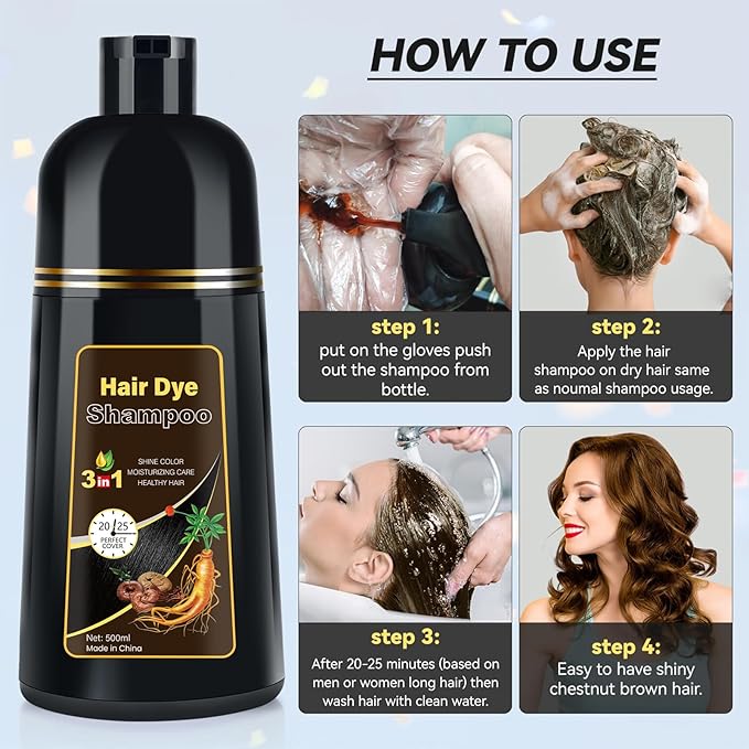 Hair Dye Shampoo Chestnut Brown Men and Women Instant & Easy 3-in-1 Hair Dye Shampoo with Herbal Ingredients Ammonia-free Lasts 30 Days-500ml