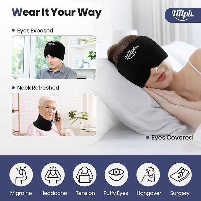 Hilph Adjustable Migraine Relief Cap with Thickened Gel Cold Compress, Headache Relief Cap, Face Cooling Mask Gel Head Wrap for Tension, Stress & Hangover, Soothing Gifts for Women Men Black