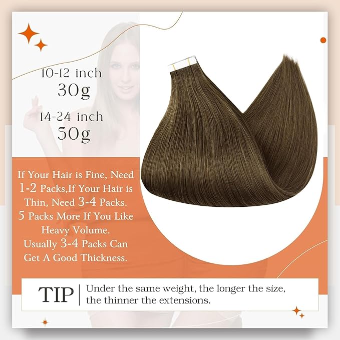 Full Shine Remy Tape in Hair Extensions Human Hair Long Silky Straight Hair Extensions Color 3 Brown Tape ins 50Gram Invisible Extension Seamless Skin Weft Extension 20Pcs 22 Inch Natural