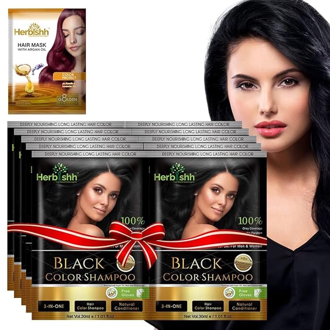Herbishh Natural Hair Dye Shampoo with Argan Mask - Long-Lasting Color for Gray Hair - Travel Size, 10+1 Pack, Ammonia-Free (Black)