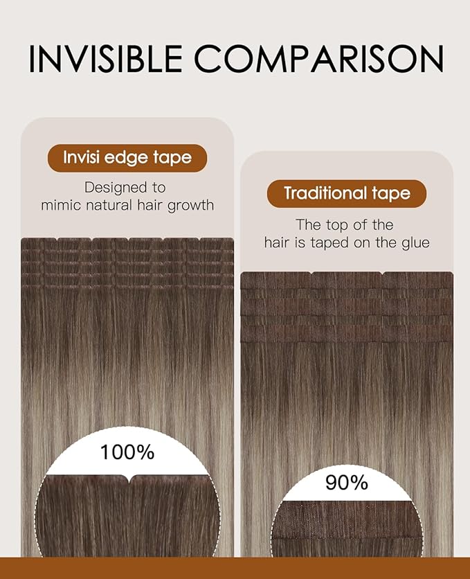 VINBAO 55g Invisi Edge Tape in Extensions Real Human Hair Balayage Ash Brown and Blonde Mixed with Ash Blonde Injected Tape in Hair Extensions Invisible 20pcs 20inch #8/60/18