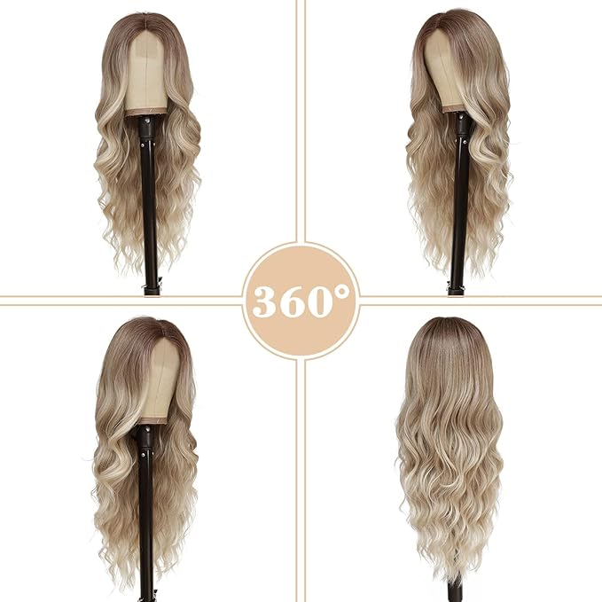 NAYOO Long Blonde Wavy Wig for Women - 26 Inch Middle Part Curly Synthetic Heat Resistant Fiber Wig for Daily Party Use (Ombre Blonde)