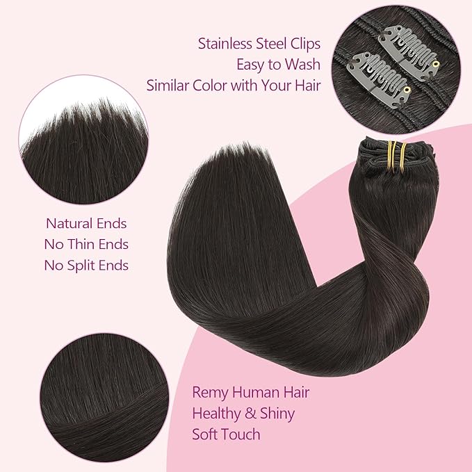PINKPEARL Human Hair Extensions Clip ins 20inch Clip in Hair Extensions #2 Dark Brown Real Human Hair Clip on 120g 7pcs Remy Hair Clip ins for Women(#2-20)
