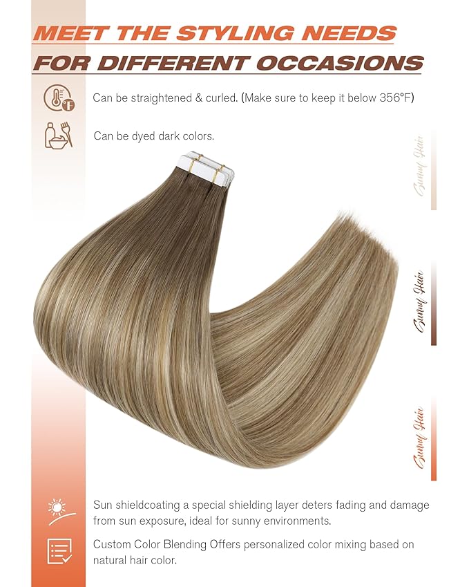 Sunny Hair Tape in Hair Extensions Human Hair, Human Hair Tape in Extensions Light Brown Balayage Blonde Hair Extensions Real Human Hair Tape in 12Inch 30g