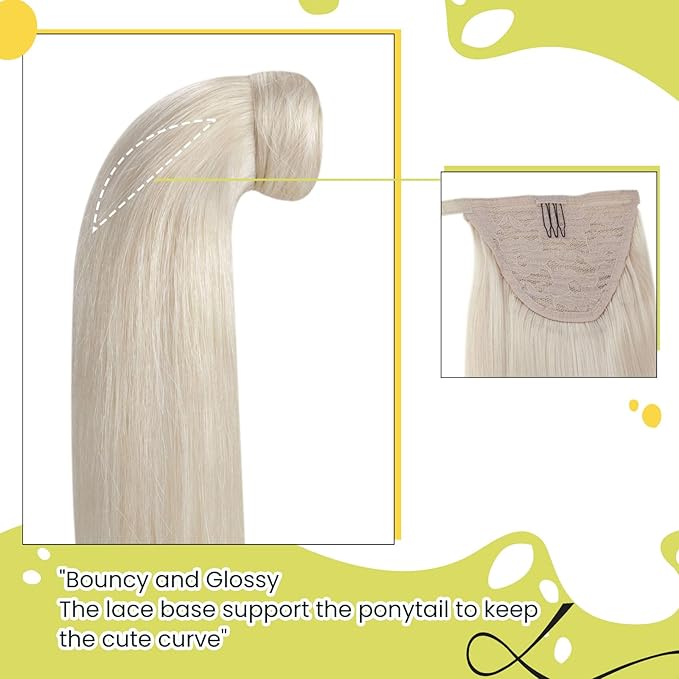 RUNATURE Blonde Ponytail Extension Human Hair, Wrap Around Real Hair Ponytail Extension, Clip in Real Human Hair Ponytail for Long Hair 20 Inch 80g #800 Platinum Blonde