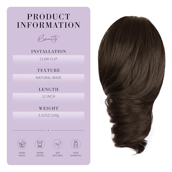 Claw Clip Ponytail Extension - 12 Inch Short Ponytail Extension, Curly Pony Tails Hair Extensions, Synthetic Hair Extensions Ponytail, Clip On Ponytails for Women (Color: Dark Chocolate Brown)