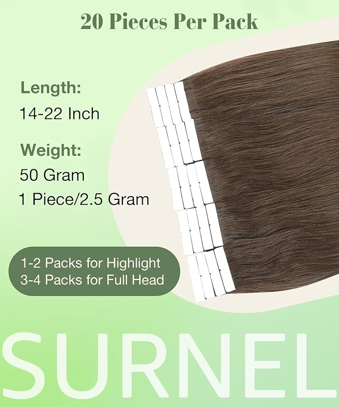 SURNEL Tape in Hair Extensions Human Hair 14 inch 20pcs 50g Straight Tape inHair Extensions Color 4 Medium Brown Hair Extensions(#4-14)