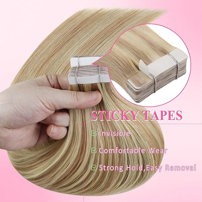 YoungSee Invisible Tape in Hair Extensions Highlight Blonde Tape Hair Extensions Real Human Hair Ash Blonde Tapes in Real Human Hair Extensions for Women Short Hair Extension 12 Inch 20pcs 30g