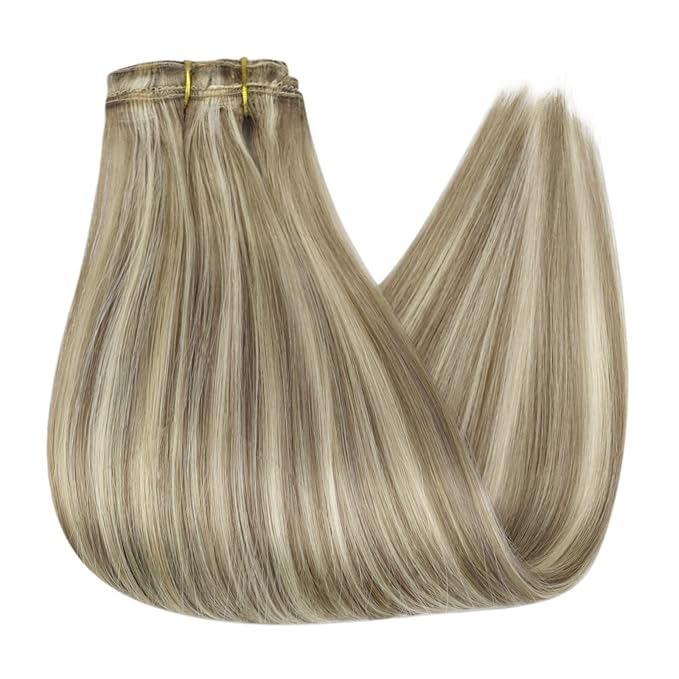 Full Shine Real Hair Extensions Clip in Human Hair Double Weft Blonde Human Hair Extensions Brown with Blonde Highlights Clip in Human Hair Remy Straight Hair 14 Inch 3 PCS 60 Grams