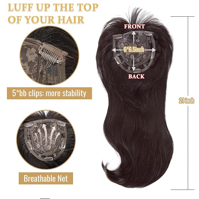 QUEENTAS 21" Curly Hair Topper for Women with Thinning Hair Daily Wear 360°3D Cover Up 6.5"*6" Fluffy Brown Body Wave Hair Pieces with Bangs(Dark Brown)