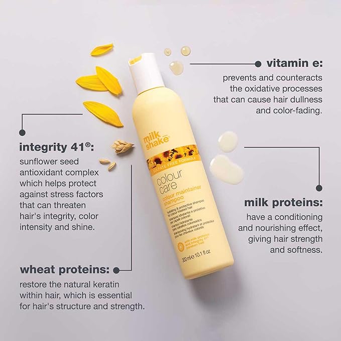 milk_shake color maintainer shampoo | for color-treated hair | sulfate-free formula with milk proteins and sunflower seed extract to help preserve color | 1.7 fl oz