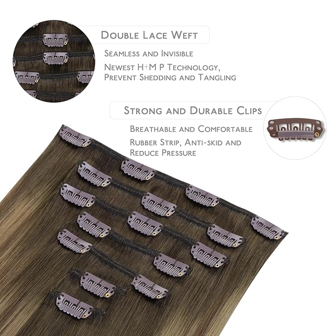 WENNALIFE Clip in Hair Extensions Real Human Hair, 14 Inch 120g 7pcs Human Hair Extensions Clip In Human Hair, Light Ash Brown to Warm Chocolate Highlighted Caramel Blonde Hair Extensions Clip In Real