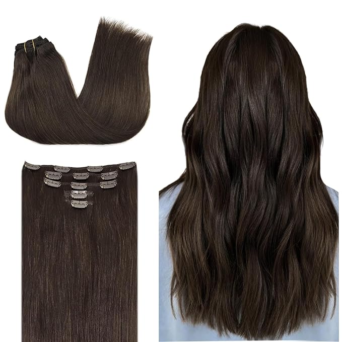 DOORES Clip in Human Hair Extensions, 85g 5pcs Light Dark Brown 22 Inch Real Remy Hair Extensions Natural Straight