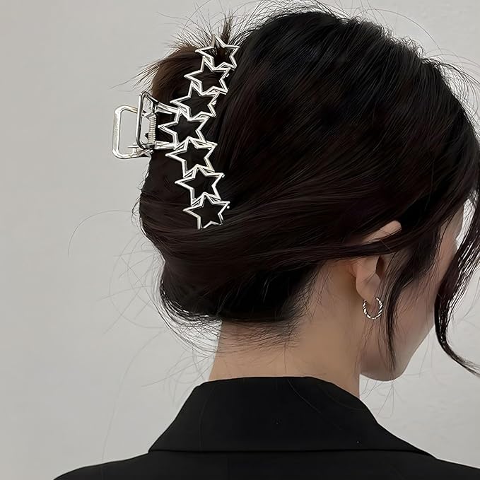 Metal Hair Claw Clips, 1Pcs Stylish Star Pattern Claw Clip for Thin & Thick Hair - Easy Back Styling Accessory (Silver Star)