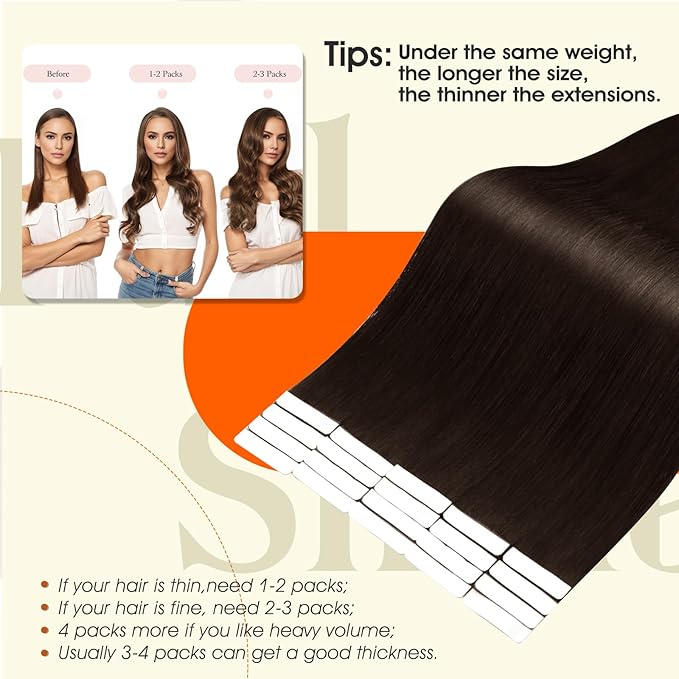 Full Shine Remy Injection Tape Hair Extensions Real Human Hair Double Sided Adhesive Human Hair Tape in Extensions Color 2 Darker Brown Invisible Extension 20Inch 50Gram Seamless Skin Weft 20Pcs