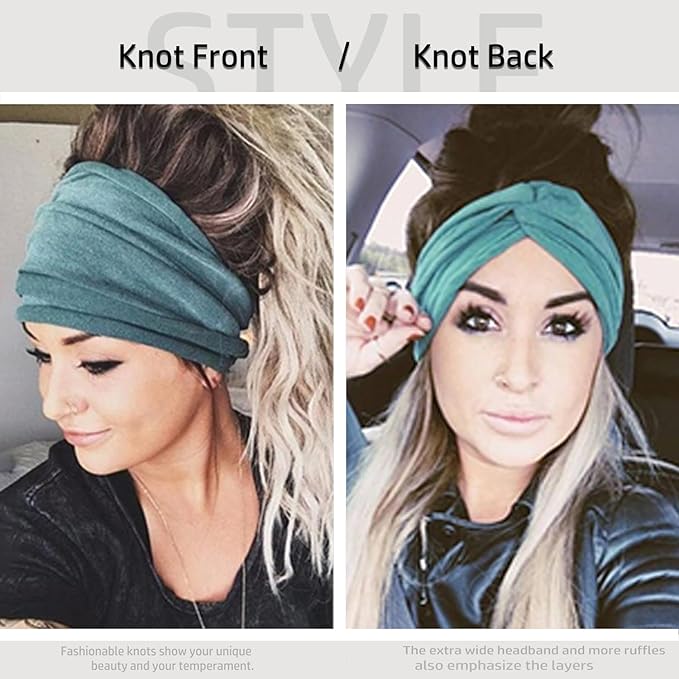 IVARYSS Extra Wide Boho Headbands for Women Non-Slip, 7'' Large Twist Knotted Stretchy Wraps Head Bands Hair Accessories, 4 Pack, White and Black