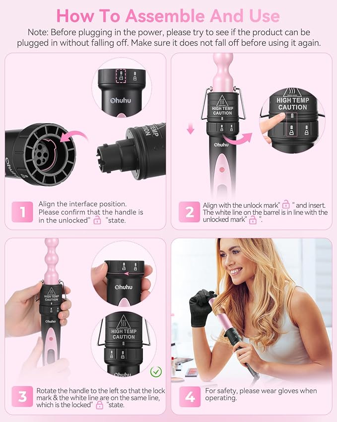 5 in 1 Curling Wand Set: Ohuhu Curling Iron Wand 5Pcs 0.35 to 1.25 Inch Interchangeable Ceramic Barrel Heat Protective Glove 2 Clips Dual Voltage Hair Curler for Girl Women Mother Christmas Gift Pink
