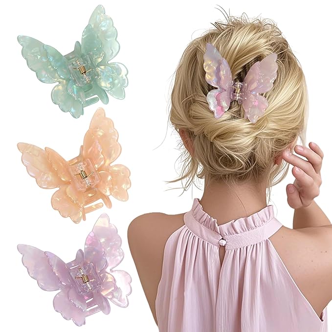 3 Packs Butterfly Hair Clips Acetate Tortoise Shell Non-Slip Jaw Clips 2.5inch, Beautiful Butterfly Hair Accessories for Girls and Women(Mixed color, purple, Orange, Mint Green)