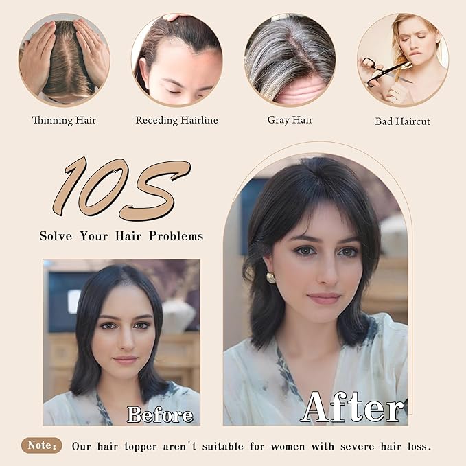 Hair Toppers for Women Real Human Hair,10 inch 30g Light Brown Human Hair Topper for Women 150% Density Silk Base Middle Part Clip in Hair Pieces Straight Hair for Daily Use