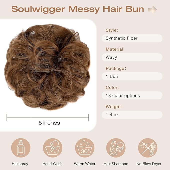 Messy Bun Hair Piece Wavy Curly Scrunchies Fluffy Donut Thick Updo Elegant Chignon Hairpieces for Women Girls, Light Auburn 1.4oz
