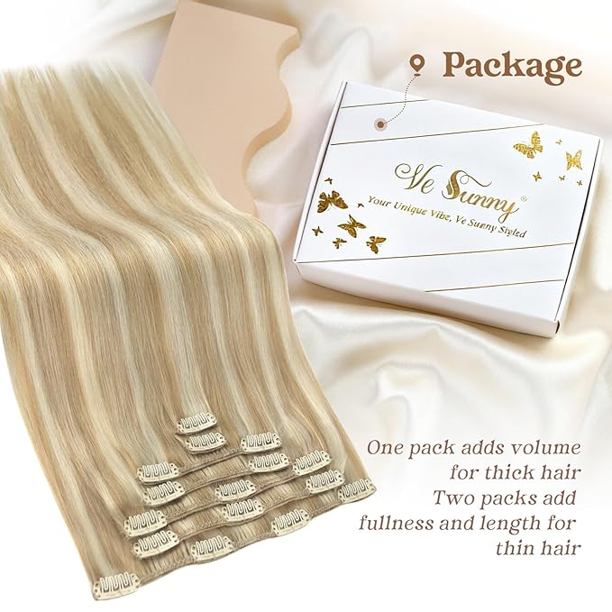 Ve Sunny Human Hair Clip in Hair Extensions Highlights Hair Extensions Real Human Hair Clip ins Caramel Blonde with Platinum Blonde Clip in Hair Extensions Human Hair 14 Inch 7pcs 100g