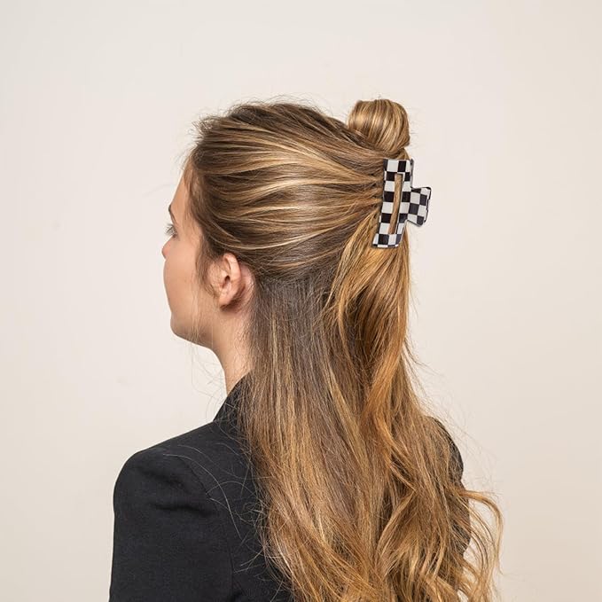 Checkered Claw Clip for Women, 6 Pack Multicolored Rectangle Hair Barrettes, Strong Hold Non-Slip Design Hair Clips Accessories for Thick & Thin Curly Hair, Comfortable All-Day Wear for Girls