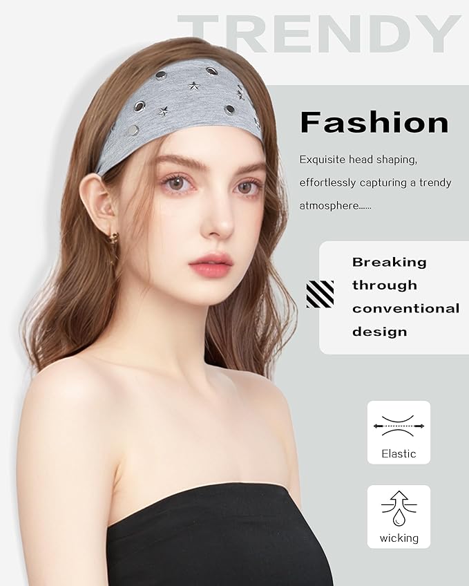 Grommet Headband for Women, Little Star Grey 23cm Hollow Out Elastic Hair Band, Eyelets Punk Grunge Stylish Hairband