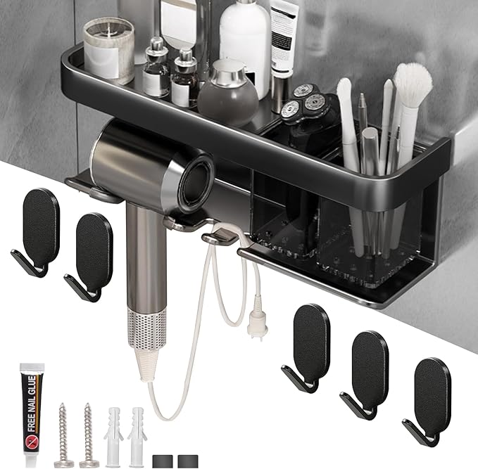 Wall-Mounted Hair Dryer Holder, Blow Dryer Holder, Space-Saving Bathroom, Bedroom Organizer Hair Dryer Stand for Home, Dorm, Salon Includes 5 PCS Carbon Steel Hooks (Black)