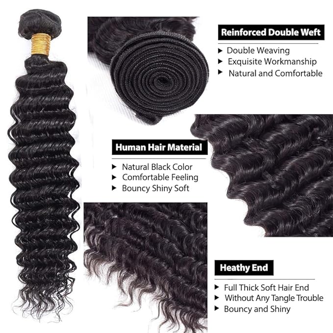 30 32 34 Inch Color 1B Bundles Human Hair Natural Black Deep Wave Bundles Niegmeag Peruvian Virgin Soft and Silky Hair Extensions Color 1B Deep Wave Bundle