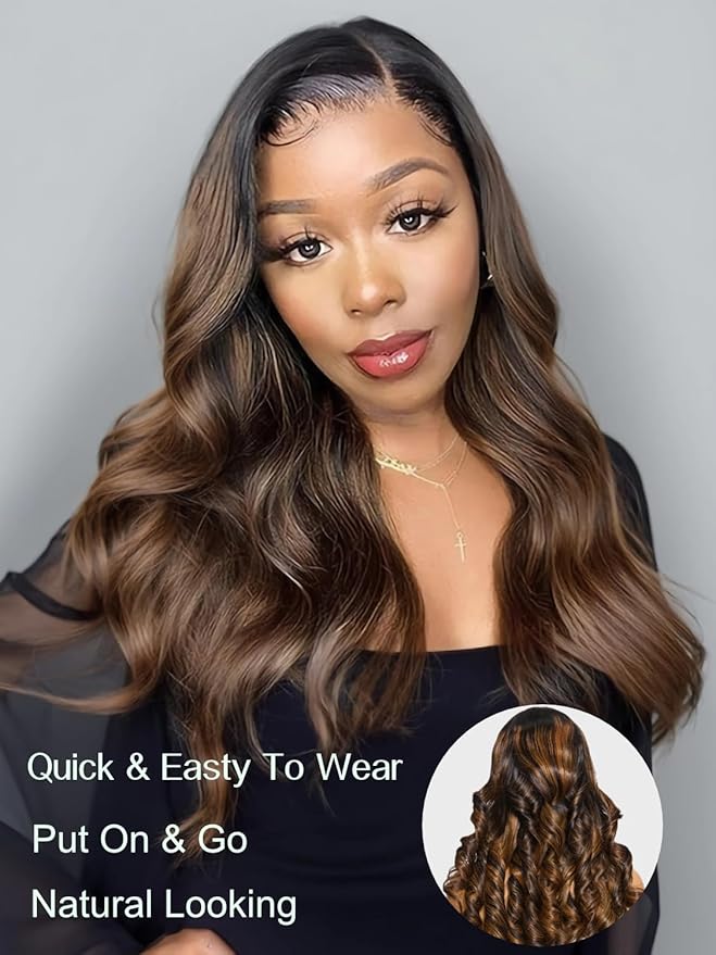Julia Hair Bye Bye Knots Glueless Wig Highlight Balayage Brown Body Wave 7x5 Pre Cut HD Lace Front Wigs Human Hair Pre Plucked Bleached Knots Pre Everything Ready To Go Ombre Wig 24 Inch