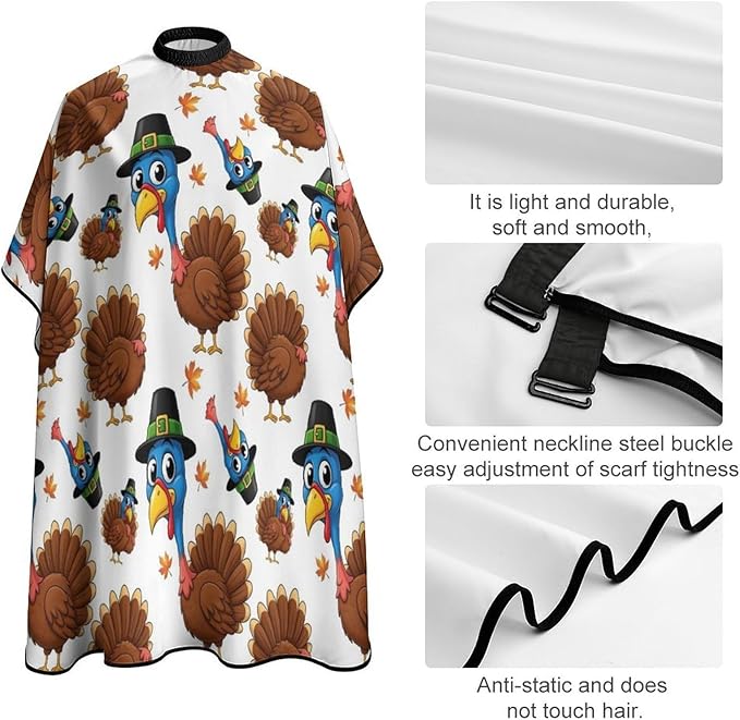 Adjustable Barber Styling Cape, Cartoon Thanksgiving Turkey White Haircut Apron Hairdressing Gown Cover for Hairdressers