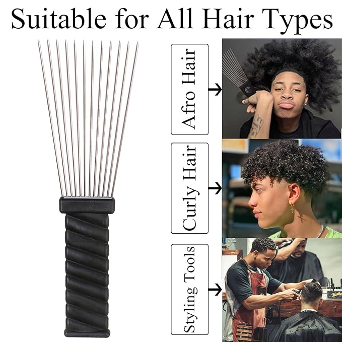 COOKOO 2 Pack Metal Afro Hair Styling Combs Curly Hair Styling Wide Tooth Afro Pick Hairdressing Styling Tool Classic Black Handle Design for Women and Men